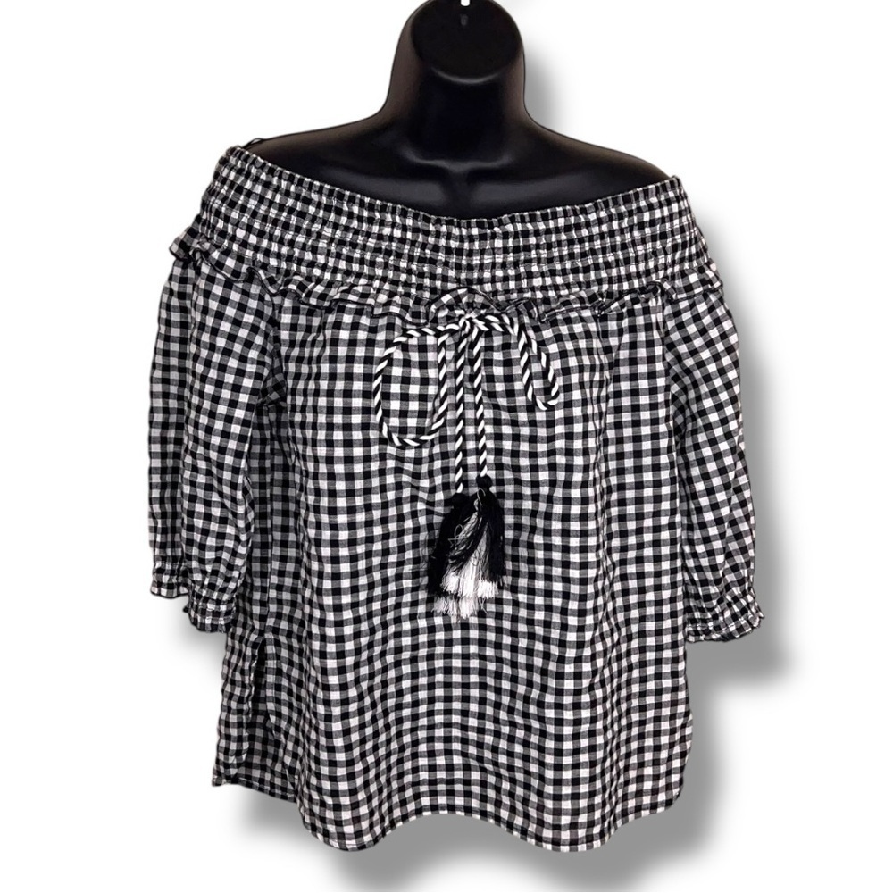 Small Mud Pie Brand Gingham Top Peasant Black White Checkered Half Sleeve